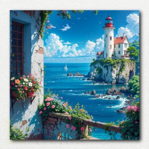 Digital image of a paint by numbers kit showing a coastal scene with a calm blue sea, a sailboat, and bright red flowers on a clifftop shore.