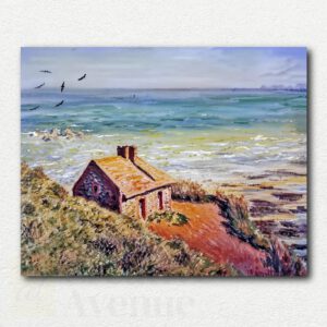 Claude Monet's Customs House Morning painting showing a small coastal building in soft pastel morning light, digital paint by numbers design.