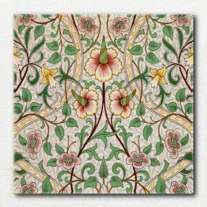 William Morris's Daffodil pattern paint by numbers kit showing yellow daffodil flowers and green leaves on blue background with numbered canvas and paint pots.