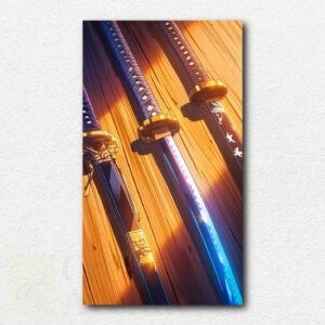 The three swords of Zorro from One Piece arranged on a wooden surface in a paint by numbers design.