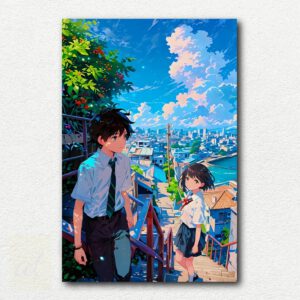 Paint by numbers design showing main characters meeting on stairs in Tokyo cityscape from the anime Your Name.