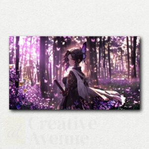 Serene portrait of Shinobu Kocho from Demon Slayer with a purple butterfly on her nose against a soft blue sky background in paint by numbers design.