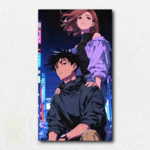 Jujutsu Kaisen characters in an urban area with sorcerers in the paint by numbers kit design titled Demonic Duo.