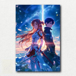 Painting design of Kirito and Asuna from Sword Art Online standing back-to-back with swords in Knights of the Blood Oath outfits on white background.