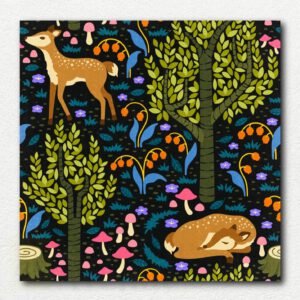 Unpainted paint by numbers canvas showing a small sleeping fawn surrounded by large stylized mushrooms and forest foliage.