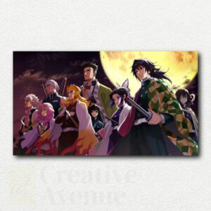Group portrait of the nine Hashira from Demon Slayer in a paint by numbers kit design with a dark abstract background and vibrant colors.