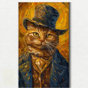 Digital image of a paint by numbers design showing a ginger tabby cat in a blue aristocratic military uniform with gold details on a white background.