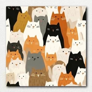 Nine colorful cartoon cats sitting in a row against a simple light background in a paint by numbers template with numbered sections.