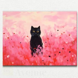 Stylized cat face in vibrant pink, blue, yellow, and green with abstract color blocks on white background, paint by numbers design.