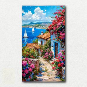 Bright sunlit garden path with colorful pink, red, and purple flowers lining a stone pathway in the paint by numbers design.