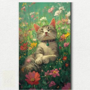 Digital image of a paint by numbers kit featuring a cozy cabin with a red roof hidden in a vibrant flower garden with pink, purple, red, and yellow flowers.