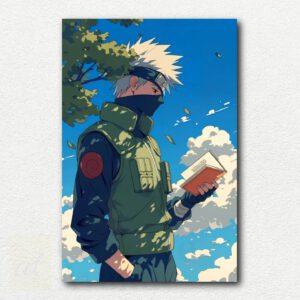 Paint by numbers design showing Kakashi from Naruto reading forbidden stories books outdoors with a blue sky and tree behind him.