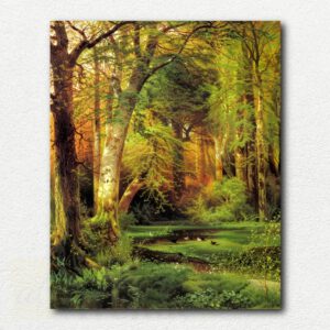 Original paint by numbers kit image of Thomas Moran's Forest Scene showing a dense green forest with a stream and golden light.