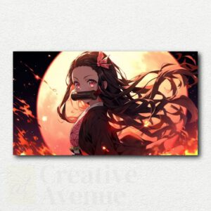 Nezuko Kamado sitting on a branch under a large glowing full moon in a night sky, digital paint by numbers design.