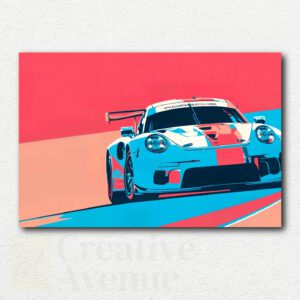 Stylized colorful GT race car in motion with abstract streaks of color on a white background, shown as a paint by numbers kit design.
