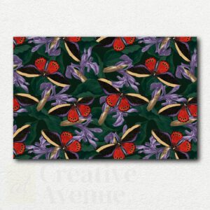 Colorful stylized hummingbird hovering near a large pink flower with abstract floral shapes in the background, paint by numbers design.