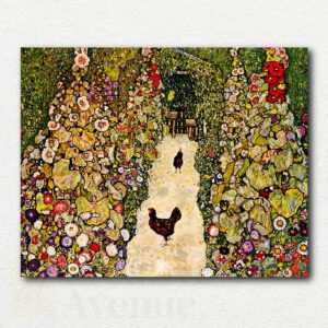 Original painting design of Gustav Klimt's Garden Path with Chickens showing a colorful garden path with chickens and mosaic-like flowers.