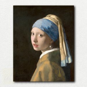Original paint by numbers design of Girl with a Pearl Earring showing a young woman with blue and gold headdress and large pearl earring against dark background.