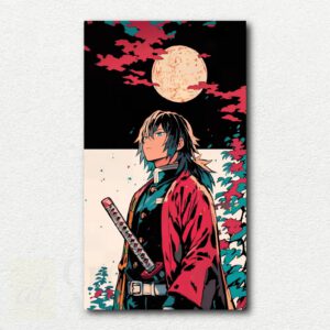 Portrait of Giyu Tomioka from Demon Slayer showing his split-patterned haori and calm expression on a white background in paint by numbers design.