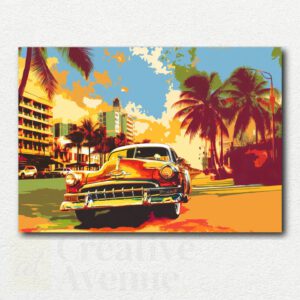 Stylized painting of a classic convertible car driving on a coastal road during a vibrant orange, yellow, and blue sunset over the ocean.