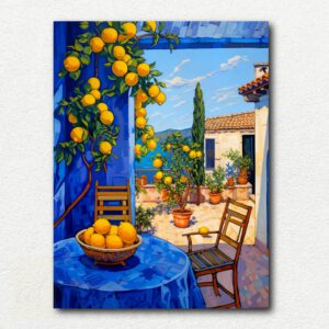 Bright still life painting design with yellow lemons on a branch and a blue and white patterned vase on a yellow background.