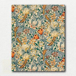 William Morris's Golden Lily floral pattern paint by numbers kit showing the intricate lilies, tulips, and acanthus leaves design on a numbered canvas with paint pots and brushes.