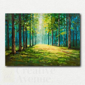 Sunlit autumn forest path with golden and yellow trees in a paint by numbers kit design showing a winding trail and bright fall foliage.