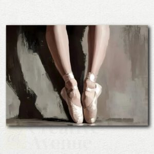 Stylized ballerina in white tutu standing en pointe against a dark abstract background in the paint by numbers kit design.