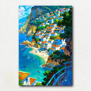 Paint by numbers kit image showing a Greek coastal village with white buildings, blue domes, and pink bougainvillea overlooking the sea.