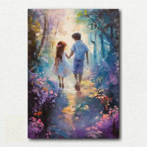 Abstract colorful painting of two hands holding in pink, blue, yellow, purple, and orange on a white background from the paint by numbers kit.
