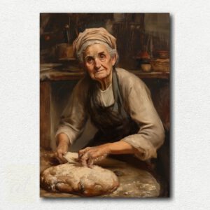 Rustic still life paint by numbers kit design showing a loaf of bread, wheat stalks, and a mug on a wooden surface with dark background.