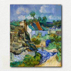 Vincent Van Gogh's Houses in Auvers painting design showing village houses with thatched and tiled roofs under a dark blue sky surrounded by swirling greenery.