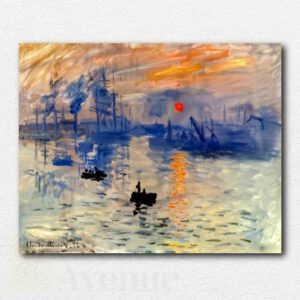 Claude Monet's Impression, Sunrise painting showing Le Havre harbor with a small boat and bright orange sun in misty light, digital paint by numbers design.