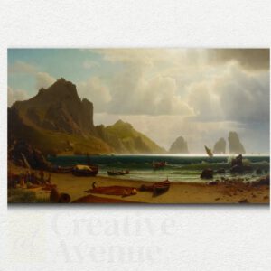 Painting design of a Native American encampment with tepees by a reflective lake under a cloudy sky and mountains in the background.