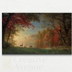 Painting design of a glowing orange and yellow sunset over a calm lake with silhouetted deer and dark green trees in the background.