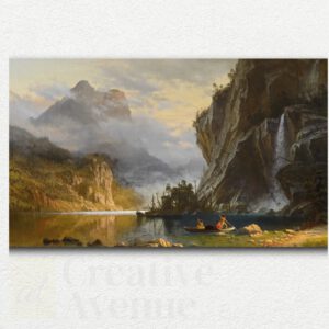 Original paint by numbers design of Native Americans spear-fishing near a waterfall with canoes and rocky cliffs in a natural landscape.