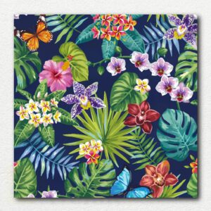 Stylized painting of a tropical toucan perched on a branch surrounded by pink flowers and green leaves on a dark background, original paint by numbers design.