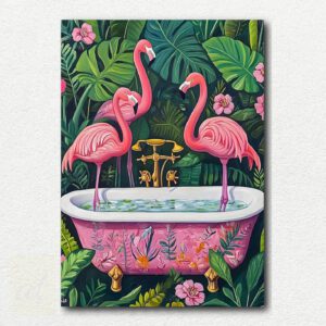 Whimsical Jungle Spa painting design showing a tiger, elephant, giraffe, and zebra bathing in a jungle hot spring with green and blue colors.