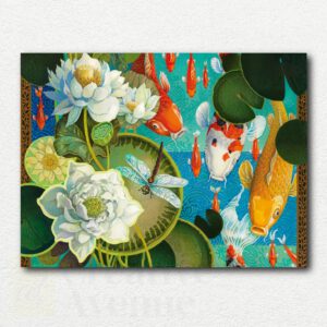 Stylized koi pond painting by David Galchutt showing colorful koi fish, lily pads, and lotus flowers in a folk-art style.