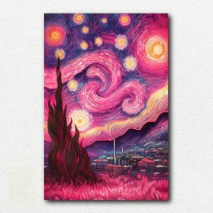 Psychedelic rainbow-colored reinterpretation of Van Gogh's The Starry Night in a paint by numbers kit with numbered canvas and paint pots.