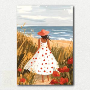Painting design of a woman in a white dress and hat standing by the sea in an impressionist style with blue and green tones.