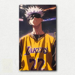 Gojo Satoru from Jujutsu Kaisen wearing a purple and yellow Los Angeles Lakers basketball jersey in paint by numbers design on white background.