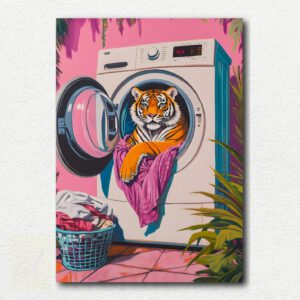 Illustration of a wide-eyed cat peeking out from a wicker laundry basket filled with clothes, paint by numbers design.