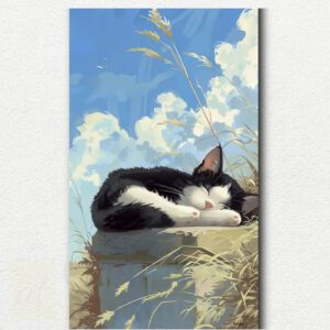 Painting design of a woman napping on a colorful sofa with a small cat resting on her back in a cozy room, part of the Lazy Afternoon paint by numbers kit.