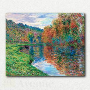 Claude Monet's Le Bras de Jeufosse, Automne painting showing a calm river with yellow and orange autumn tree reflections on the water.