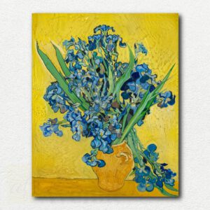Vincent Van Gogh's Les Iris painting showing purple and blue iris flowers with green leaves on an orange-brown earth background.