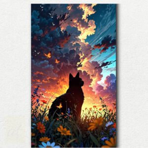Digital painting design showing a cat's head and shoulders looking up at a swirling colorful sky inspired by Van Gogh's The Starry Night.