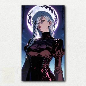 Painting design of Mei Mei from Jujutsu Kaisen with long braided hair and dark outfit against a dark blue moonlit background with flying crows.