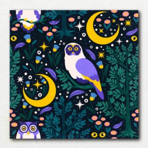 Completed paint by numbers canvas showing a colorful blue and purple owl perched on a branch in front of a large yellow full moon and starry night sky.