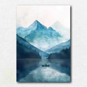 Painting design of a serene lake with a red canoe on the shore, surrounded by misty forested mountains in a paint by numbers kit.